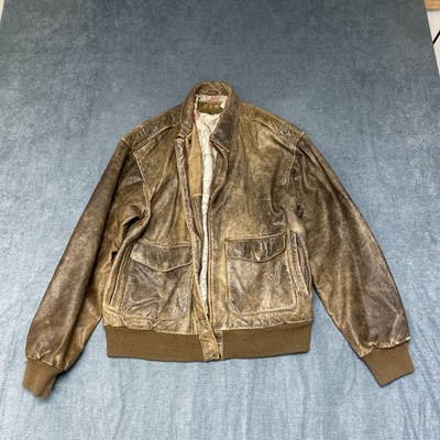 VTG Jip Leather Jacket Mens M Brown Lined Ribbed Hem Pockets Retro Full Zip