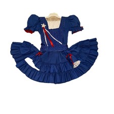 Vintage Sm Adult Square Dance Outfit red whiteblue w apron, ties in back, Dainty