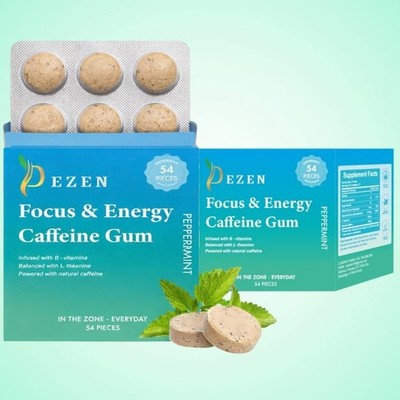 DEZEN Caffeine Energy Mint Gum Peppermint Flavor, 54 Pieces Fast Energy Boost