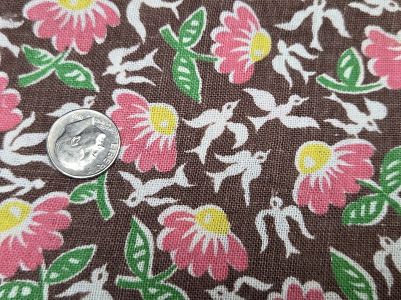 BEST Vintage Feedsack Flour Sack Fabric Novelty Birds Brown 40s Remnant Quilt