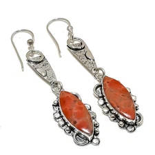 Poppy Jasper Gemstone Handmade 925 Sterling Silver Jewelry Earring 3.15" c856