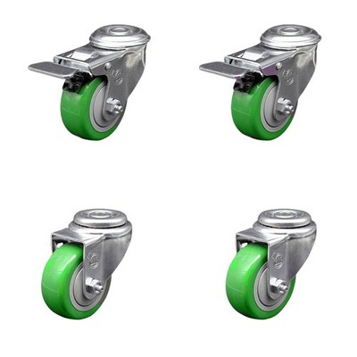 3 Inch Green Polyurethane Swivel Bolt Hole Caster Set with 2 Total Lock Brake