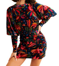 Farm Rio Banana Sky Women's Tiered Velvet Mini Dress in Black Floral Size M