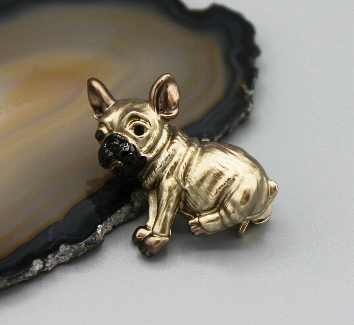 Bulldog dog best friend cute adorable black and gold tone pin brooch small