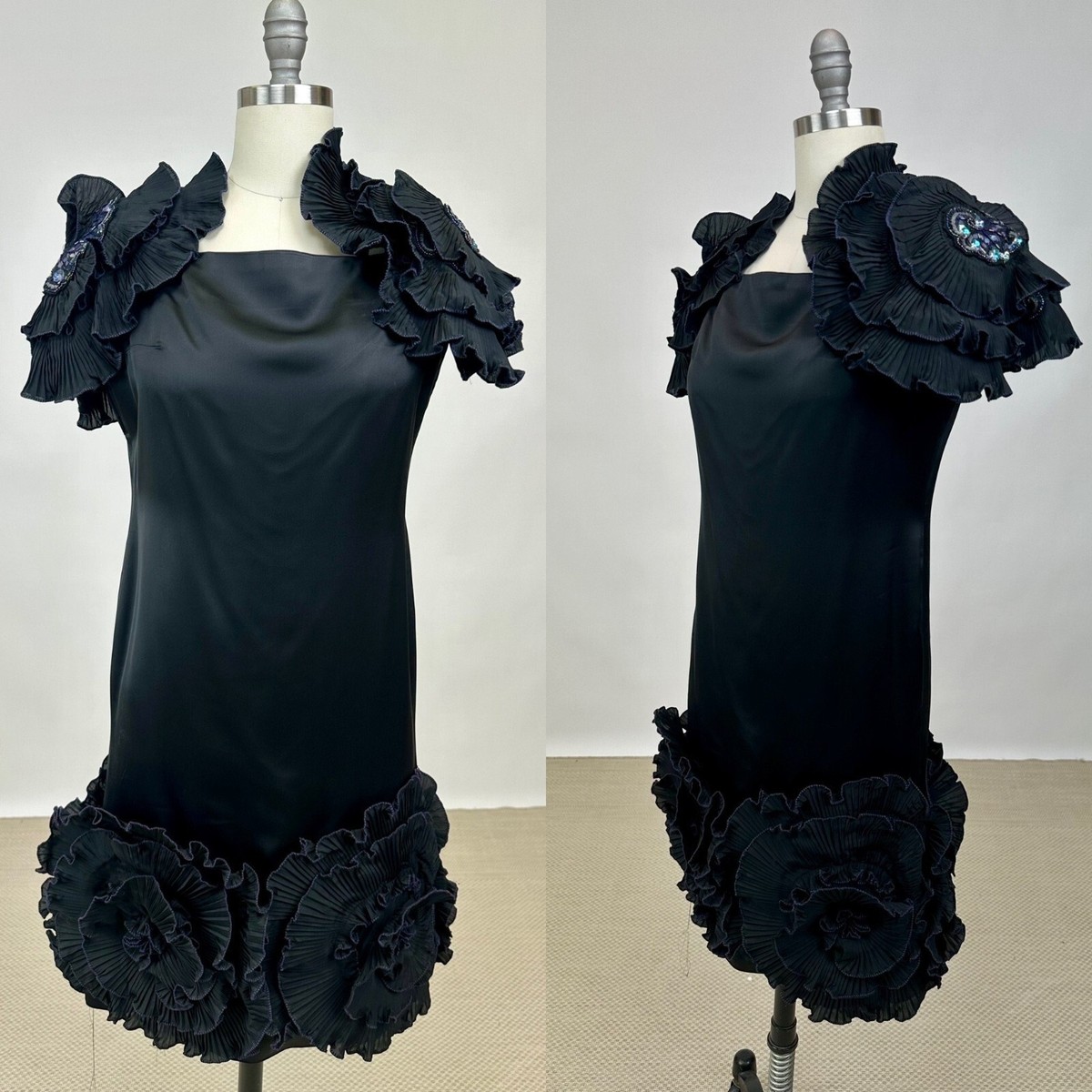 Vintage 1980s Designer Zandra Rhodes Black Dress with Elaborate