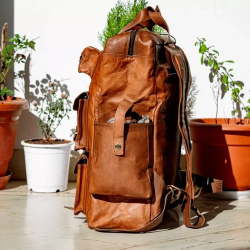 Mochila grande para hombre de cuero genuino vintage bolsa de viaje marrón mochila para computadora portátil - Imagen 3 de 5