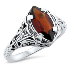 ART DECO STYLE GENUINE GARNET 925 STERLING SILVER SOLITAIRE FILIGREE RING   818X