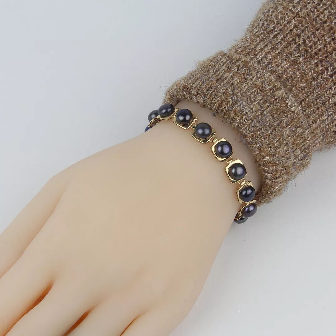 14k Yellow Gold Women s Black Pearl Square Link Bracelet 7.5