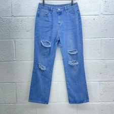 LIGHT BLUE RIPPED MOM JEANS UK SIZE L HIGH WAIST STRAIGHT LEG DENIM Y2K