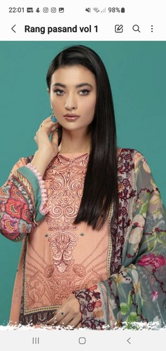 Unstiched 3pc Embroidered Karndi Linen with embroidered cutwork chiffon duppat - Picture 2 of 10