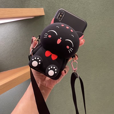 For iPhone Samsung Huawei Crossbody 3D Lucky Cat Wallet Holder Phone Case Cover
