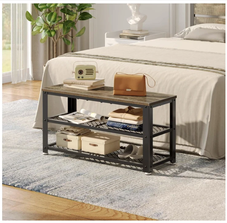 Zapatero, Estante de 3 Niveles, Asiento de Madera con Estantes de Malla, Marco de Acero Gris, 28.7" Foto 2 de 4