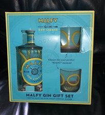 MALFY GIN CON LIMONE EMPTY GLASS BOTTLE 750ml WOODEN CORK LID W/GLASSES
