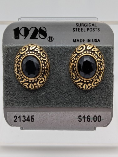 1928 Brand Earrings Black Gold Tone Surgical Steel Posts New - Picture 2 of 4