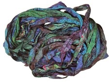 100g Recycled Sari Silk Ribbon Yarn Blue Tie Dye shades