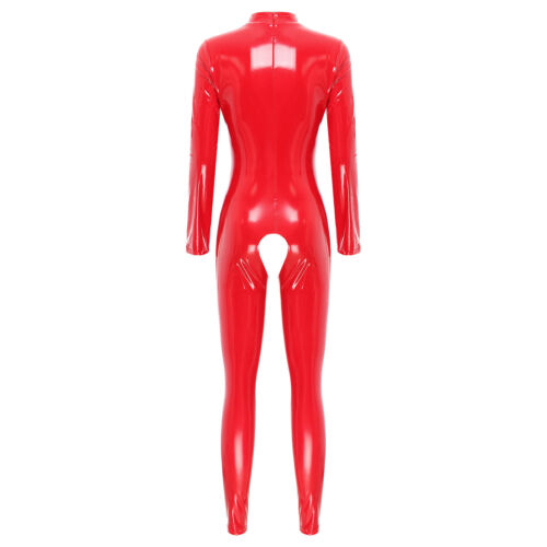 Damen Catsuit Wetlook Offenem Brust Schritt Overalls mit Reißverschluss Clubwear - Bild 7 von 39