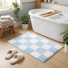 Checkered Blue Bathroom Rug 24x16 Inch NonSlip Plush Shag Absorbent Bath Mat
