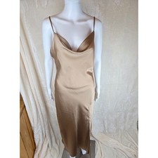 Satin Cowl Neck Midi Slip Dress Gold Adjustable Straps Women's S