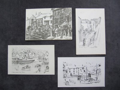 4 Skizzenpostkarten von Polperro, Cornwall, von R. J. Griffin, Pol Studios Polperro