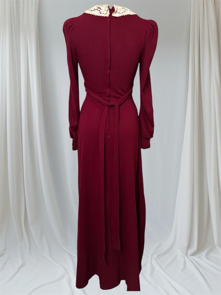 Maxi Vestido De Colección Pioneer Praire Talla Pequeña Hecho a Mano Elegante Manga Larga Encaje Acanalado Foto 2 de 4