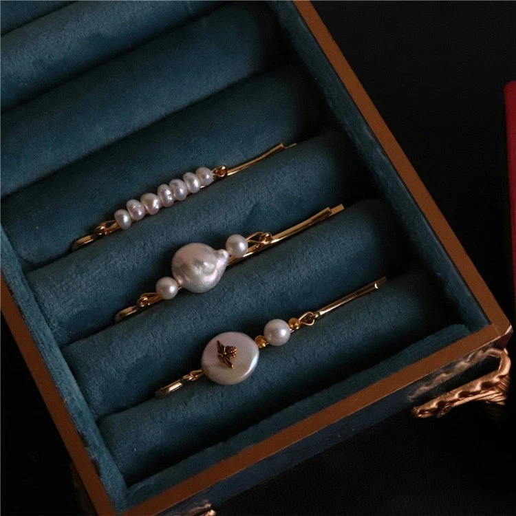 Horquilla de un borde vintage elegante de perla barroca de agua dulce hecha a mano 5 piezas Foto 3 de 4