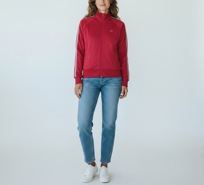 FRED PERRY Sweatshirt Women's UK 14 Red Long Sleeve Full Zip Logo Activewear