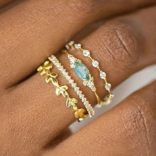 ONE SET 4 PCS Fashion Women 18K Gold Plated Blue CZ Sparkling Leaf Band Ring