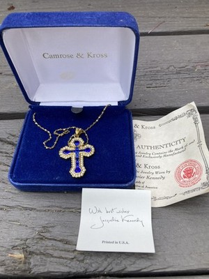 Camrose Kross Jacqueline Kennedy jewelry NIB & COA Paper baguette Cross Necklace
