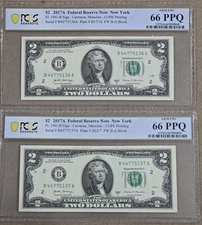2 X $2 2017A Dollar Bill Gem Unc PCGS 66 PPQ 2 Consecutive Serials Two Pairs 