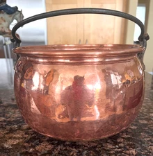 Vtg Copper Iron Cauldron Patina Pot W/Handle and Dovetail  31"Cir 6"H x 9.5"W-#1