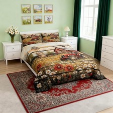Farmhouse Style Bedding Set Queen Size Vintage Red Tractor Comforter Boys Gir...
