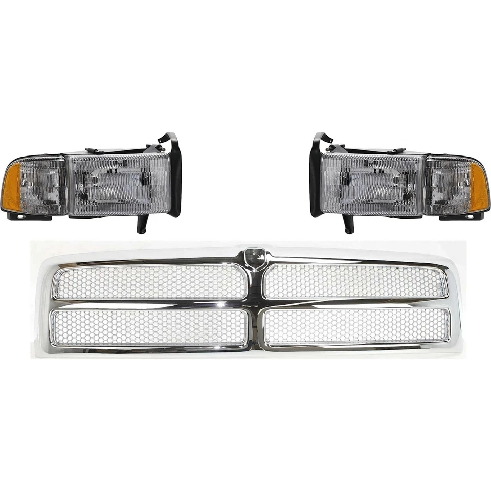 Fits 1994-2002 Dodge Ram 1500 2500 3500 Front Chrome Grille + Headlights Set 3PC Foto 2 de 4