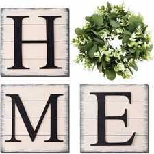 HRENCY Farmhouse Wall Decor Room Decor Wood Home Sign with Artificial Eucalyptus