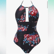 NWOT Women  s One Piece Swimsuit Deep Plunge Halter High Waisted Tummy Control