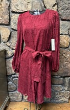 Eliza J Bell Burgundy Floral Jacquard Fit And Flare Dress Sz 8 Belted NWT$148