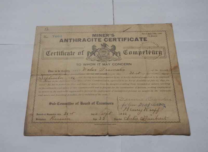 Vintage  Anthracite Miners Certificate 1912   Shamokin Pennsylvania  Russia