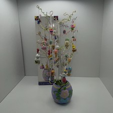 Vtg 18" Easter Tabletop Tree w Porcelain Base  Wood Ornaments Eggs Bunnies Box