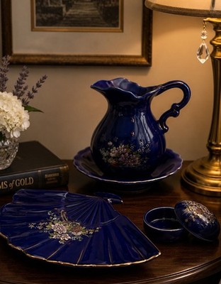 Asian Style Cobalt Blue Ceramic Vanity Set Fan Tray Pitcher Covered Trinket Box