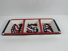 Stars & Stripe USA American Flag Chips & Dip Divided Ceramic Serving Tray