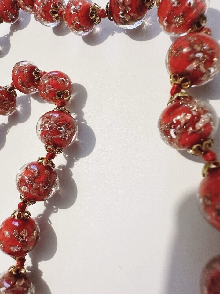 Vintage Sommerso Murano Red Gold Glitter Glass Bead Necklace 57cm