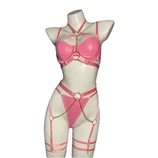 PU Leather Harness Lingerie Set Underwire Bra Chain Sexy Strappy Clubwear Outfit