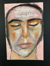 Portrait Painting Naive 4x6 Expressive Wall Art Pink Tired Empty Woman Miz Katie