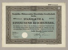 Neukölln-Mittenwalder Bahn AG – akcje powyżej 1000 RM, Berlin, 21.12.1925
