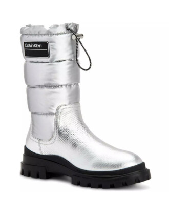 Calvin Klein Laeton Mid Calf Puffy Boots Silver 5.5 M $189