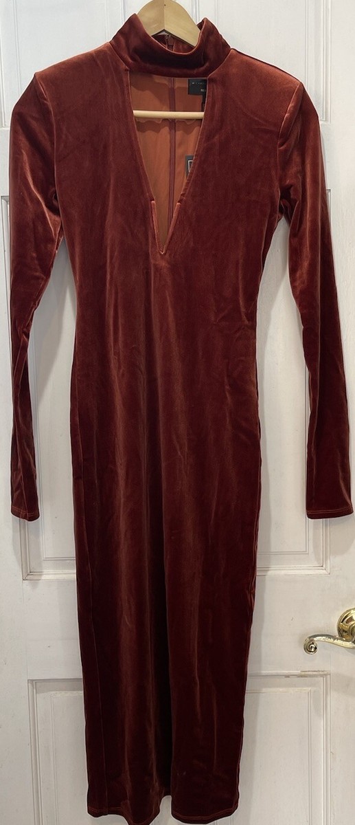 knee length dresses for ladies Rust Velvet Three Quarter Sleeve Midi Dress  Aquarius Brand