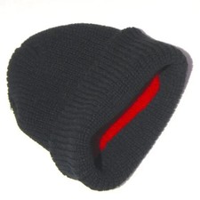 11" Unisex Black Long Warm Rib Knit Winter Beanie w/ Red Inside NWOT