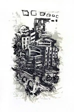 Fine art printmaking / original lithograph / city scene abstract / handmade 