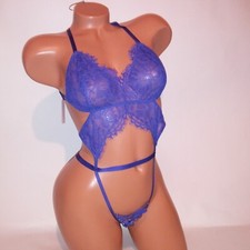 Victoria Secret Lingerie Teddy Bodysuit One Piece XL Purple Lace Strappy Open Ba