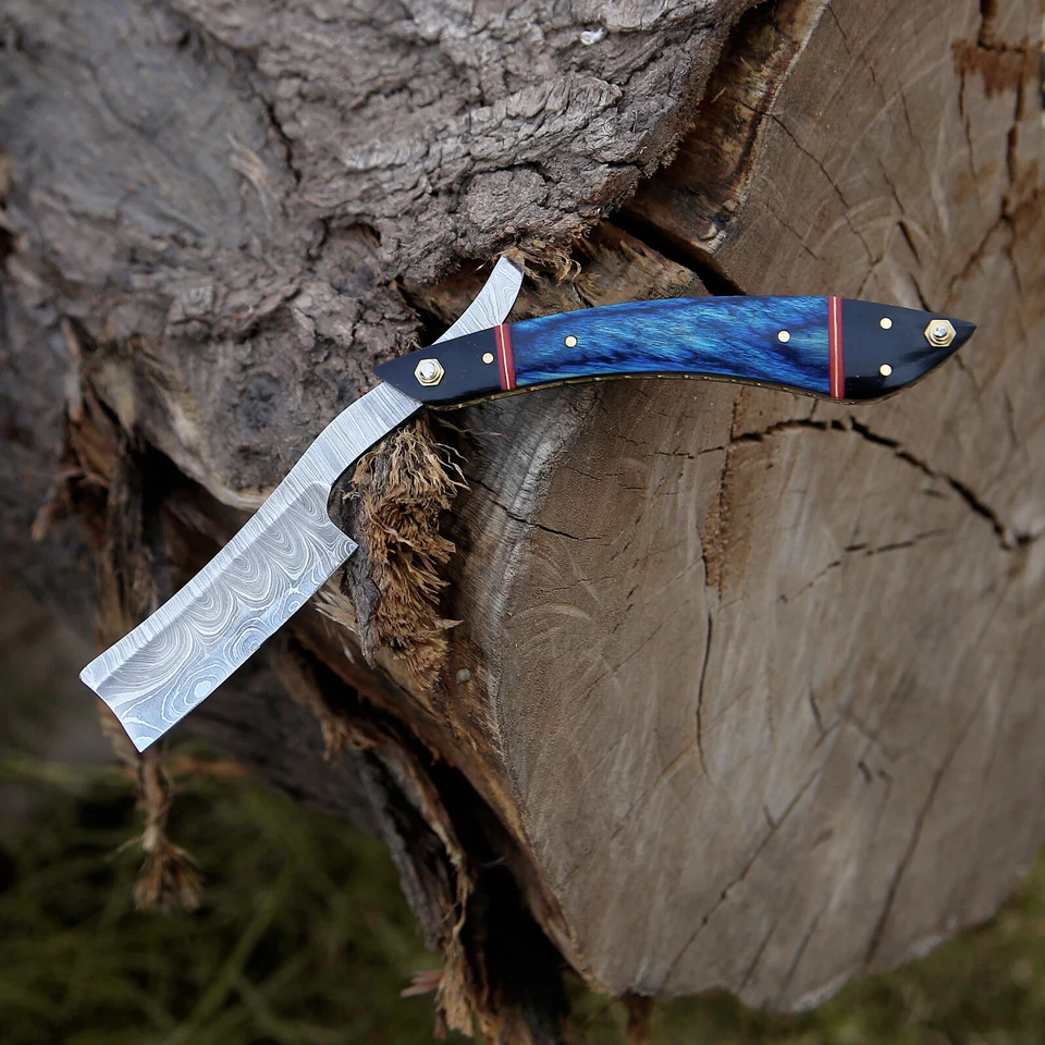 Maquinilla de afeitar recta de acero Damasco para hombre barbero afeitado azul negro bolsa de mango Foto 2 de 4