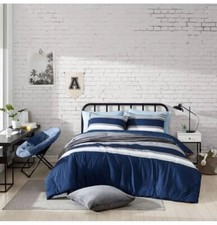 Nautica Heathered Block Microfiber Gray Blue Striped Full Queen Comforter Set